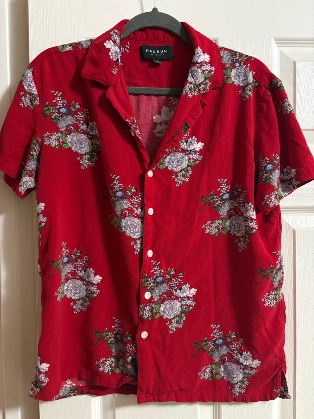 Pacsun short sleeve button down collared floral red shirt size small
